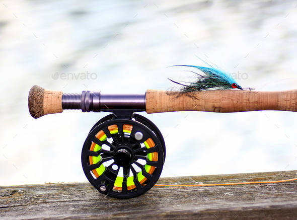 Saltwater fishing fly rod and reel in the blurred background Stock Photo by  wirestock
