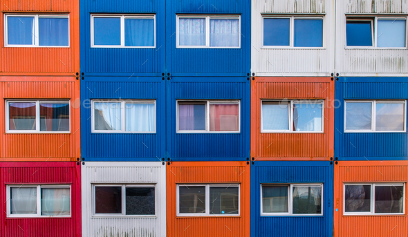 Residential building with temporary container homes for students, refugees, or asylum seekers