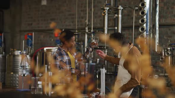 Diverse male and female colleague at gin distillery inspecting product and discussing alt