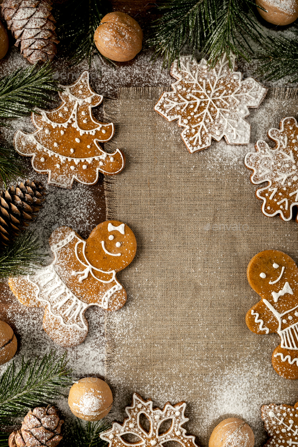 Christmas ginger cookies. Still life with spruce cones and branches and