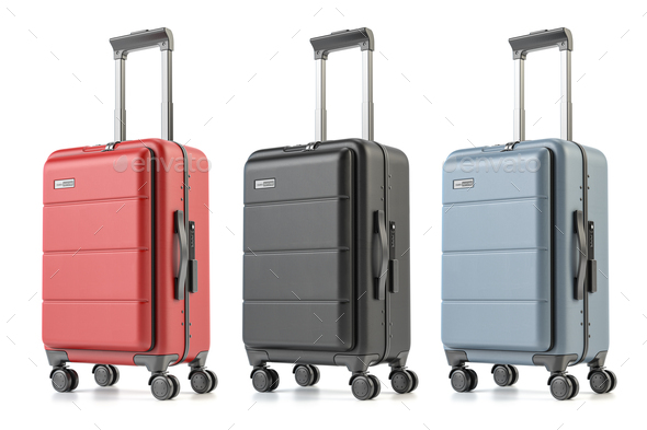 Suitcases of different colors isolated on white background. - Stock Photo - Images