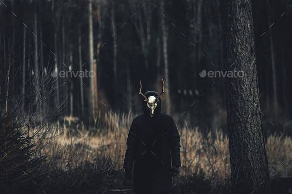 Person wearing a creepy Taxidermy mask in an autumn forest
