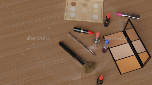 Lash lifting tool, colorful lipsticks, brushes, eyeshadow and contour palettes on the table