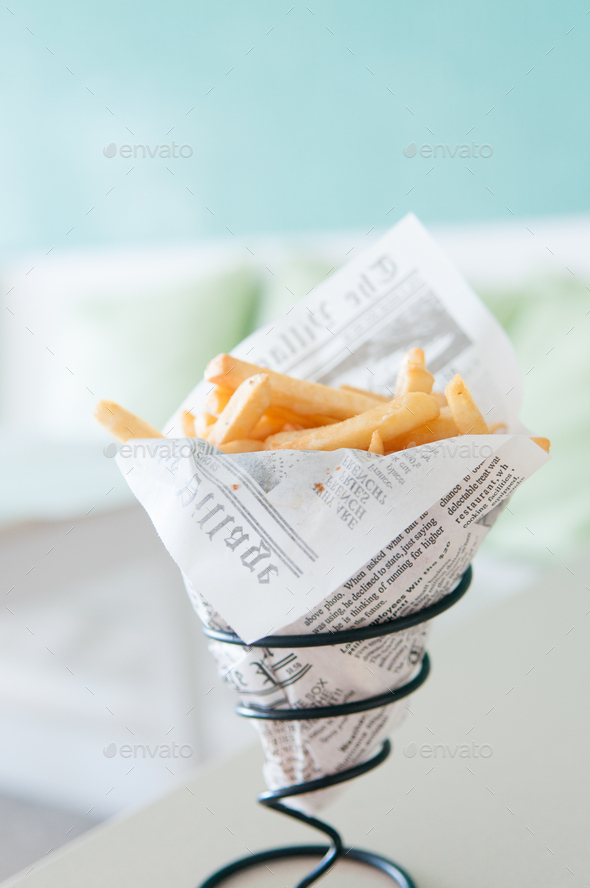 Fried French Fries In Paper Cone Bag Stock Illustration - Download