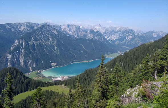 View from the summit of the Achensee near Maurach, Austria, Europe - Stock Photo - Images