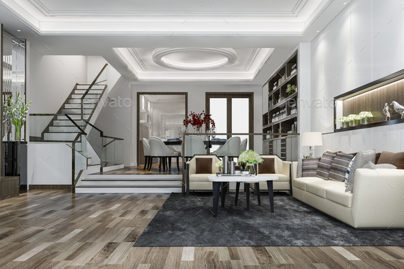 Luxury Classic Wood Living Room Near Stair And Chandelier Decor With High Ceiling Stock Photo By Dit26978