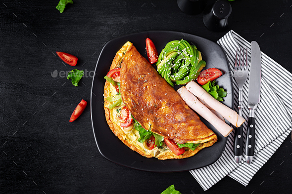 Omelette Tomato, Olives And Avocado, Ham. Stock Photo By Timolina