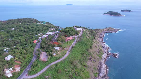 Aerial view drone shot of Promthep Cape in Phuket thailand,beautiful landmark to see sunset in phuke alt
