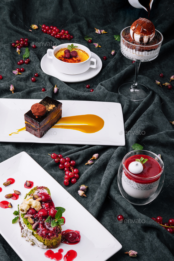 creme brulee dessert, chia pudding, tiramisu, matcha roll and sacher