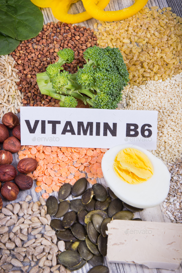 Inscription vitamin B6 with nutritious food containing natural vitamin