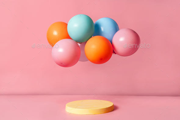 Product podium stage with pastel color balloons - Stock Photo - Images