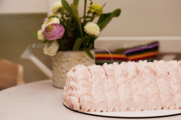 Pink cherry pie cake Festive tender cake. Holidays cake.