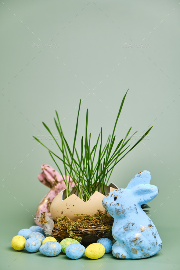 Happy easter day on april, Easter eggs and candy bunny Stock Photo by ...