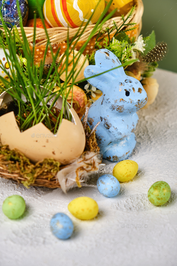 Happy easter day on april, Easter eggs and candy bunny Stock Photo by ...