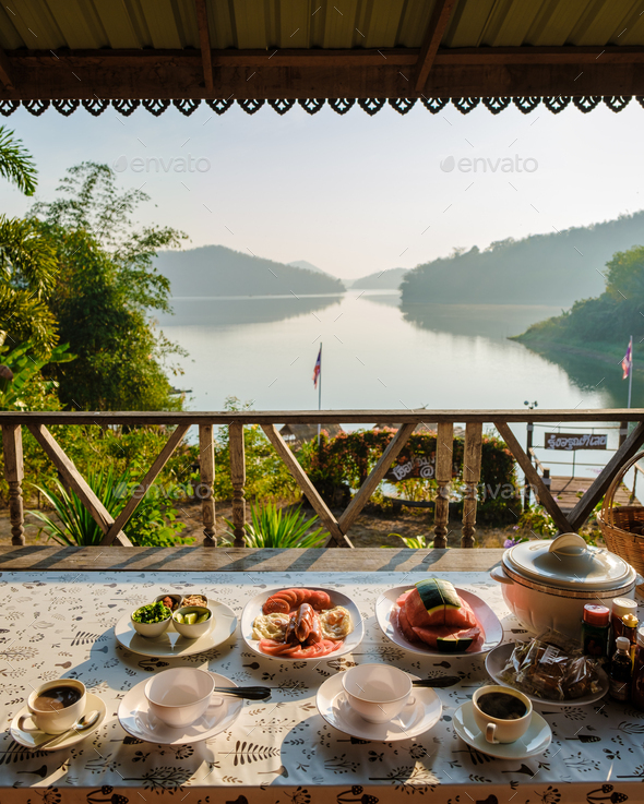 Breakfast view from a wooden bungalow with a view Huai Krathing lake in North Eastern Thailand Isaan