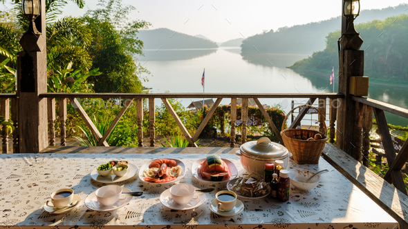 Breakfast view from a wooden bungalow with a view Huai Krathing lake in North Eastern Thailand Isaan