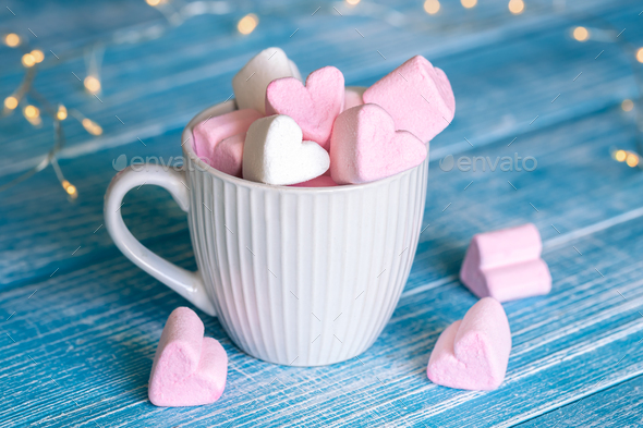 Pink Heart Shaped Marshmallows Background Stock Photo, Picture and
