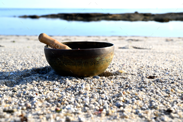 A singing bowl in front of the ocean. English translation of mantras. transform your impure body