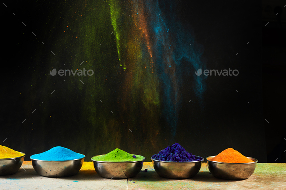 Colorful traditional Holi powder in bowls. Happy Holi. Concept Indian color  festival. Stock Photo by vetre