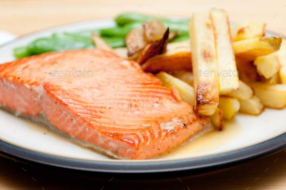 maple glazed salmon fillet with french fries and snap peas, full