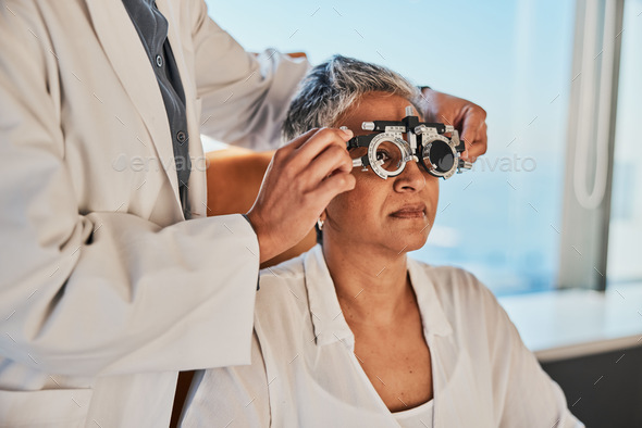 Senior eye exam, optometrist and medical eyes test of elderly woman at doctor consultation. Vision
