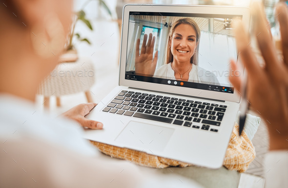 Laptop, video call and mental health with wave hello in virtual counseling consultation, doctor and