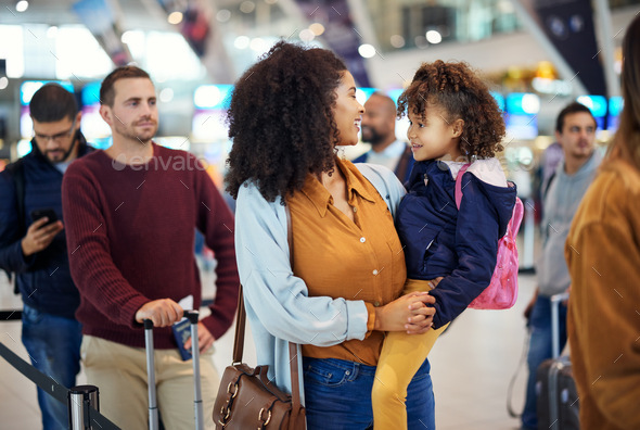 Airport, happy mother and girl at international flight check for plane board or airplane ticket pay