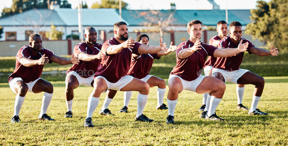 Rugby, haka or team with unity, support or motivation in a battle cry, war dance or challenge with