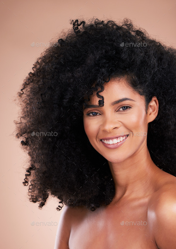 Black woman, afro hair or skincare glow portrait on isolated studio ...