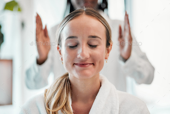 Relax, reiki and woman with smile on face at spa for spiritual chakra therapy and alternative medic