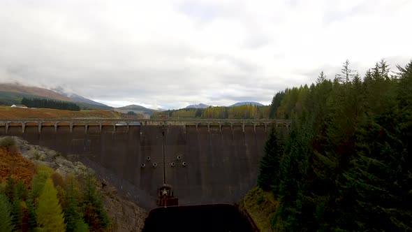 Aerial view of Laggan dam artificial lake and beautiful countryside and wood