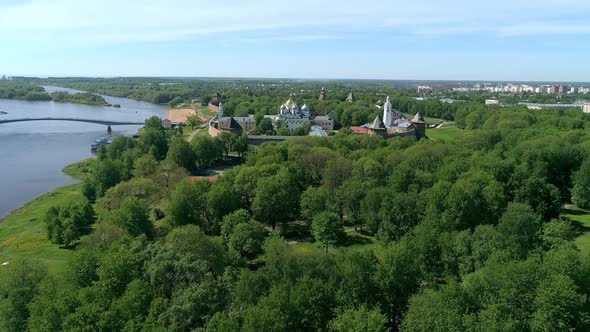 Panoramic aerial view of Veliky Novgorod, the red brick Kremlin