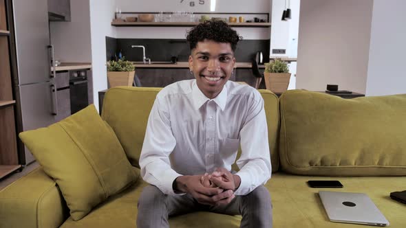 Confident Young Afroman Bloger Speak Look at Camera in Office Guy in White Shirt Talk During alt