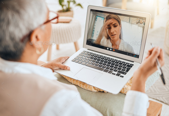 Laptop, video call and mental health with virtual therapy consultation, doctor and patient with com