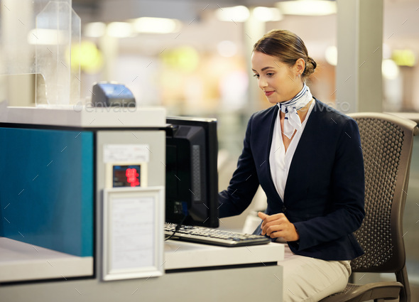 Airport, check in desk and woman on computer for security, travel agent or transport management. Ai