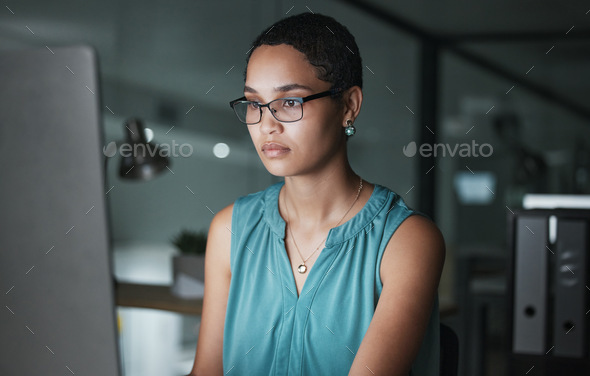 Office computer, night or black woman reading finance portfolio, stock market database or review ec