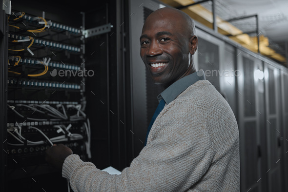 Portrait, server room and black man on tablet for database maintenance or software update at night.