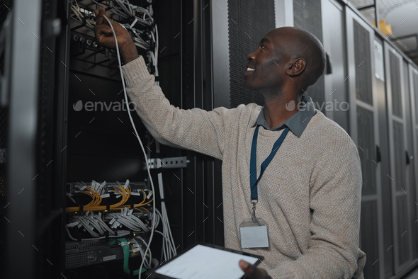 Engineer, server room and black man with cable and tablet for database maintenance or software upda