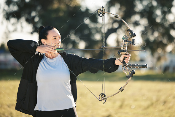 Happy person, bow or arrows aim in sports field, shooting range or gaming  nature in hunting, hobby Stock Photo by YuriArcursPeopleimages