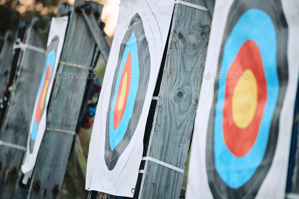 Bullseye target paper, outdoor and field at shooting range for weapon training, aim and accuracy. S