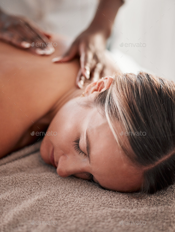 Face, back massage with masseuse, woman at holistic center or spa with wellness, physical therapy w