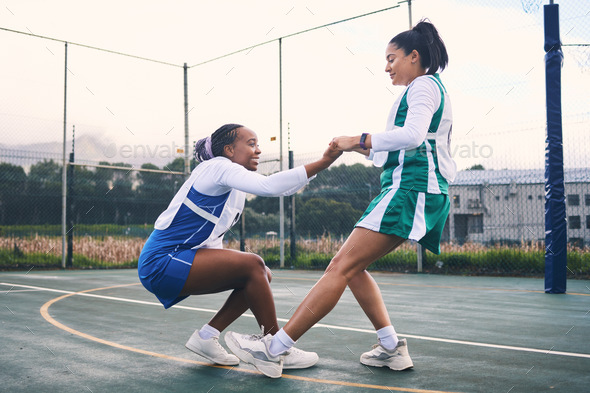 Netball help, support and outdoor game of team sports with fitness and exercise. Helping, sportsman - Stock Photo - Images