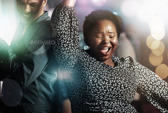 Black woman, wow or dancing on dance floor in party, nightclub event or bokeh disco for birthday ce