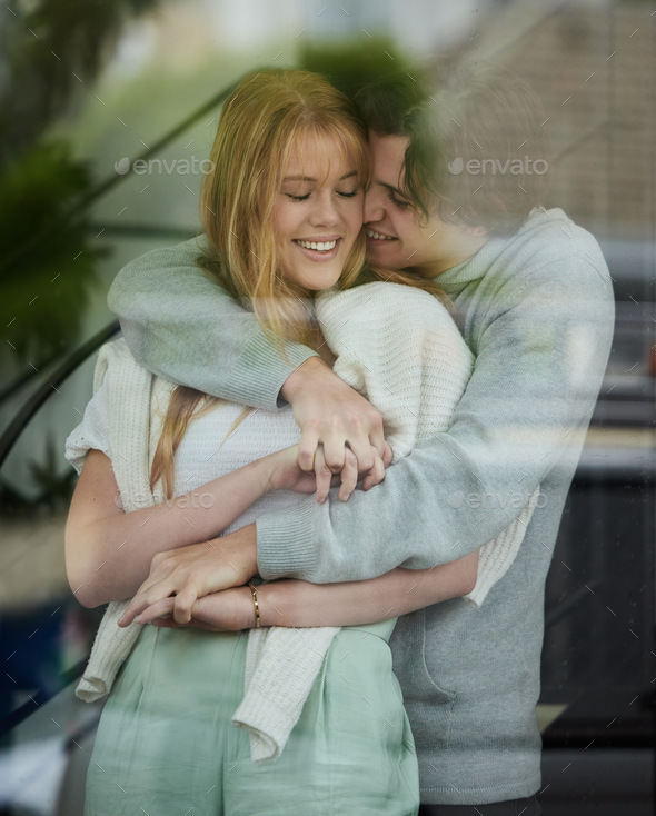 Love Window And Couple Hug Smile And Bonding For Relationship