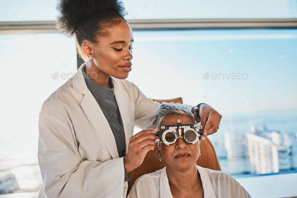Senior eye exam, black woman doctor and medical eyes test of elderly woman at consultation. Vision,