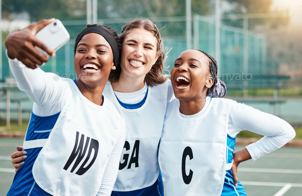 Netball team, sports selfie and women laughing or group friends in funny social media post, trainin
