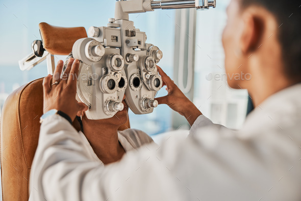 Senior optometry woman, eye exam patient and medical goal in hospital, consultation room and office