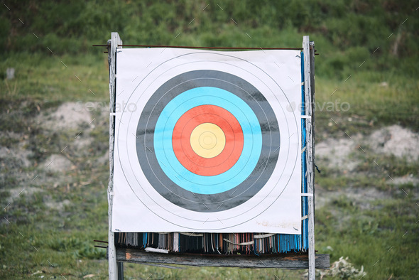 Bullseye target paper, outdoor and board at shooting range for weapon training, aim and accuracy. S