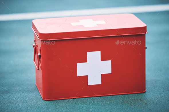 First aid, kit and health equipment for medical emergency, response and treatment kit isolated in a