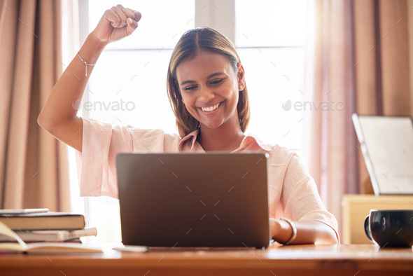 Laptop, student and success celebration of woman in home after achievement, studying goals or targe